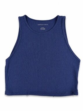 American Eagle Navy Ribbed Crop Tank Top Womens Medium Sleeveless High Neck Blue